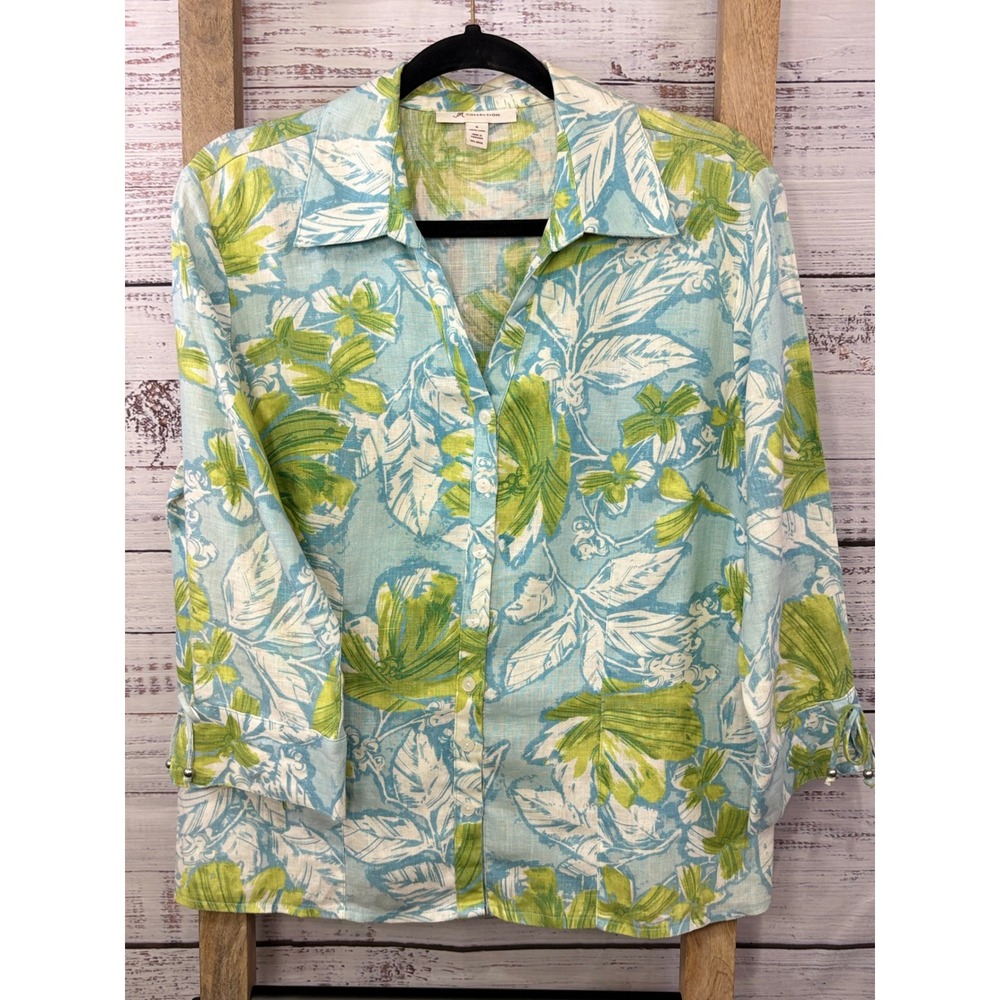 JM Collection 100% Linen Button Down Floral Blue Green 3/4 Sleeve Tie Cuff‎